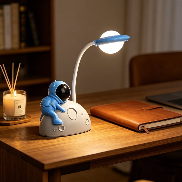 Astronaut Lampe de Bureau LED USB Rechargeable avec Col de Cygne Flexible, 2 Niveaux de Luminosité, Lumière de Lecture Douce pour les Yeux pour Chambre, Bleu Blanc Rouge, Plastique