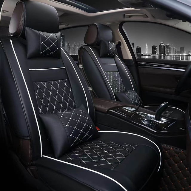 Vehicle Seat Cover, Car Seat Cover Air Leatherette Automotive Seat Protector Car Seat Cover Performance Driven. Black leatherette car seat covers with diamond-stitched patterns and white piping, designed for front seats. Includes matching headrest and lumbar support cushions. Suitable for enhancing interior aesthetics and protecting seats from wear.