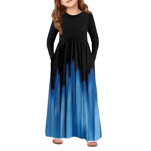 Teen Girls Tiered Maxi Dress, Solid Color Layered Ruffle Dress with Pockets, Bohemian Style for Party, Photo Shoot, and Holiday. 150Blue