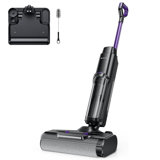 Redroad Cordless All-in-One Multi-Surface Cleaner, Vacuum & Wash at the Same Time, W15. A modern black and purple cordless vacuum cleaner with a transparent dustbin and ergonomic handle. Comes with a charging base and cleaning brush. Features include 22,000Pa suction power, dual tank technology, and a self-cleaning brush roll. Suitable for hard floors and area rugs, with a 45-minute battery life and superior edge cleaning for baseboards and corners.
