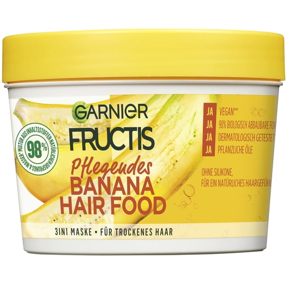 Garnier Fructis Nourriture Nourrissante pour Cheveux Banane, Masque 3-en-1 pour Cheveux Secs, Nourrit et Donne de la Douceur, 390 ml