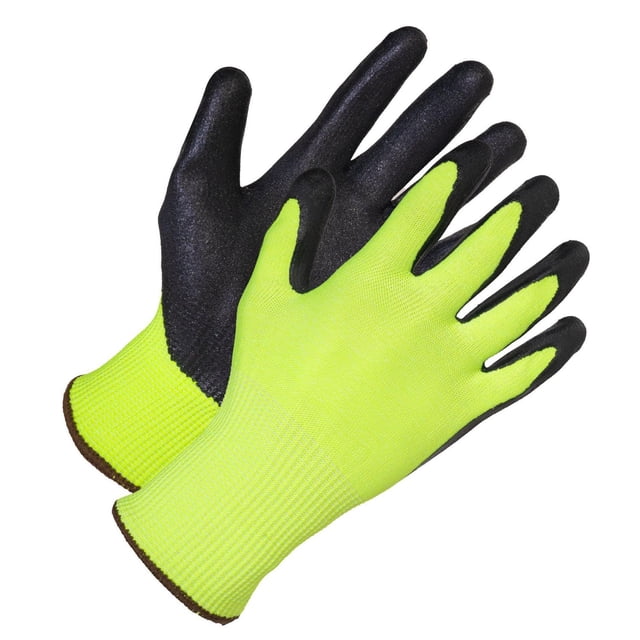 Workload Cut Resistant Glove pair with high-visibility yellow HPPE composite liner and black sandy nitrile palm coating, providing superior cut protection and grip for construction, automotive, and warehousing work.