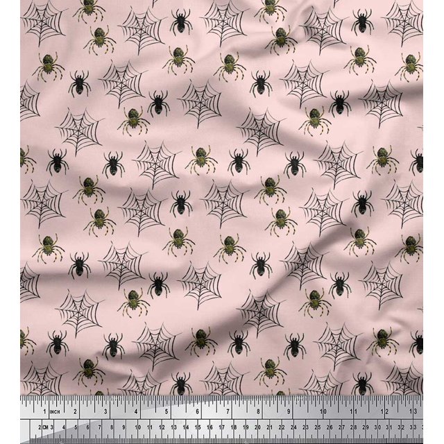 Soimoi Pink Rayon Fabric Web & Spider Insects Print Fabric by the Yard 42 Inch Wide