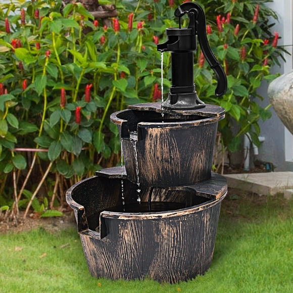 Gymax 2 Tier Barrel Waterfall Fountain Barrel Water Fountain Pump Outdoor Garden