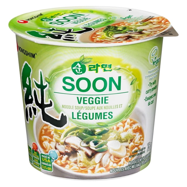 Nongshim Soon Veggie Cup Noodle Soup in a 75g green and white cup featuring instant noodles with mushrooms and green vegetables in a mild vegan broth, no MSG added, suitable for a quick vegan meal or snack anytime.