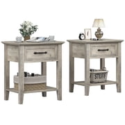 End Table with Drawer & Storage Shelf, 2 Tiers Farmhouse Night Stands, Rustic White Nightstand for Living Room Bedroom, Study, Office