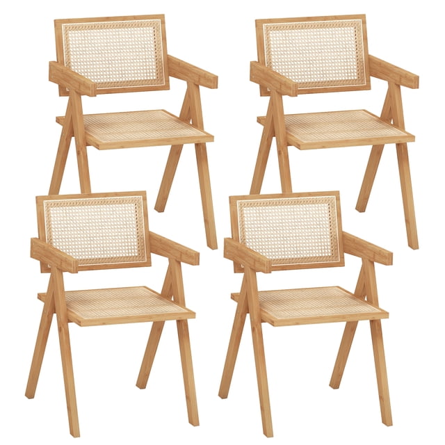 Costway Set of 4 Rattan Accent Chairs with a mid-century design, featuring natural bamboo frames and imitation rattan seats and backrests. Each chair includes ergonomic armrests, a wide seat, and an inverted V-shaped structure for stability. Ideal for dining rooms, kitchens, or living spaces. Dimensions: 20 x 20.5 x 32 inches.