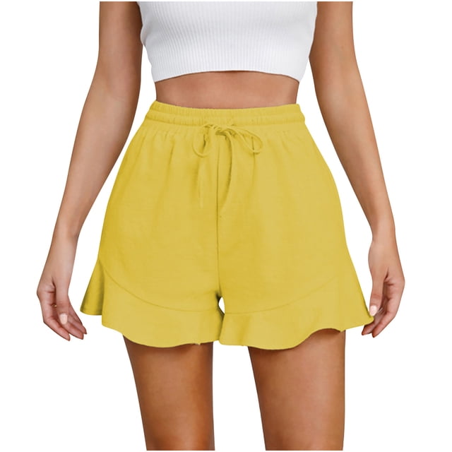 AherBiu Shorts for Women Trendy Elastic Waist Drawstring Ruffle Wide Leg Summer Casual Solid Color Loose Comfy Shorts