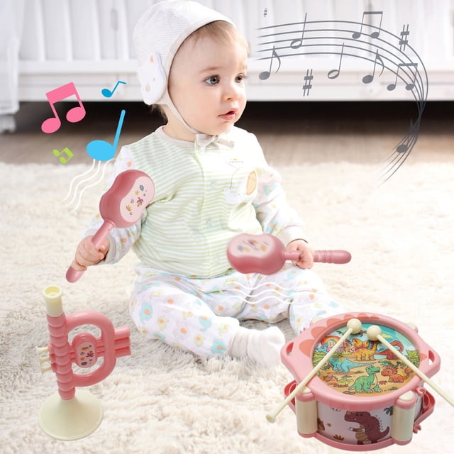 KTTECTOA Musical Toy Set Hand Pat Drum Rattle Trumpet Early Learning Percussion Instrument for Infants Safe ABS Plastic Newborn Gift for Boys and Girls Clearance Cute Stuff Canada Days