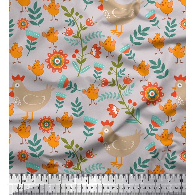 Soimoi Poly Georgette Fabric Leaves,Cock & Chick Cartoon Printed Fabric 1 Yard 52 Inch Wide
