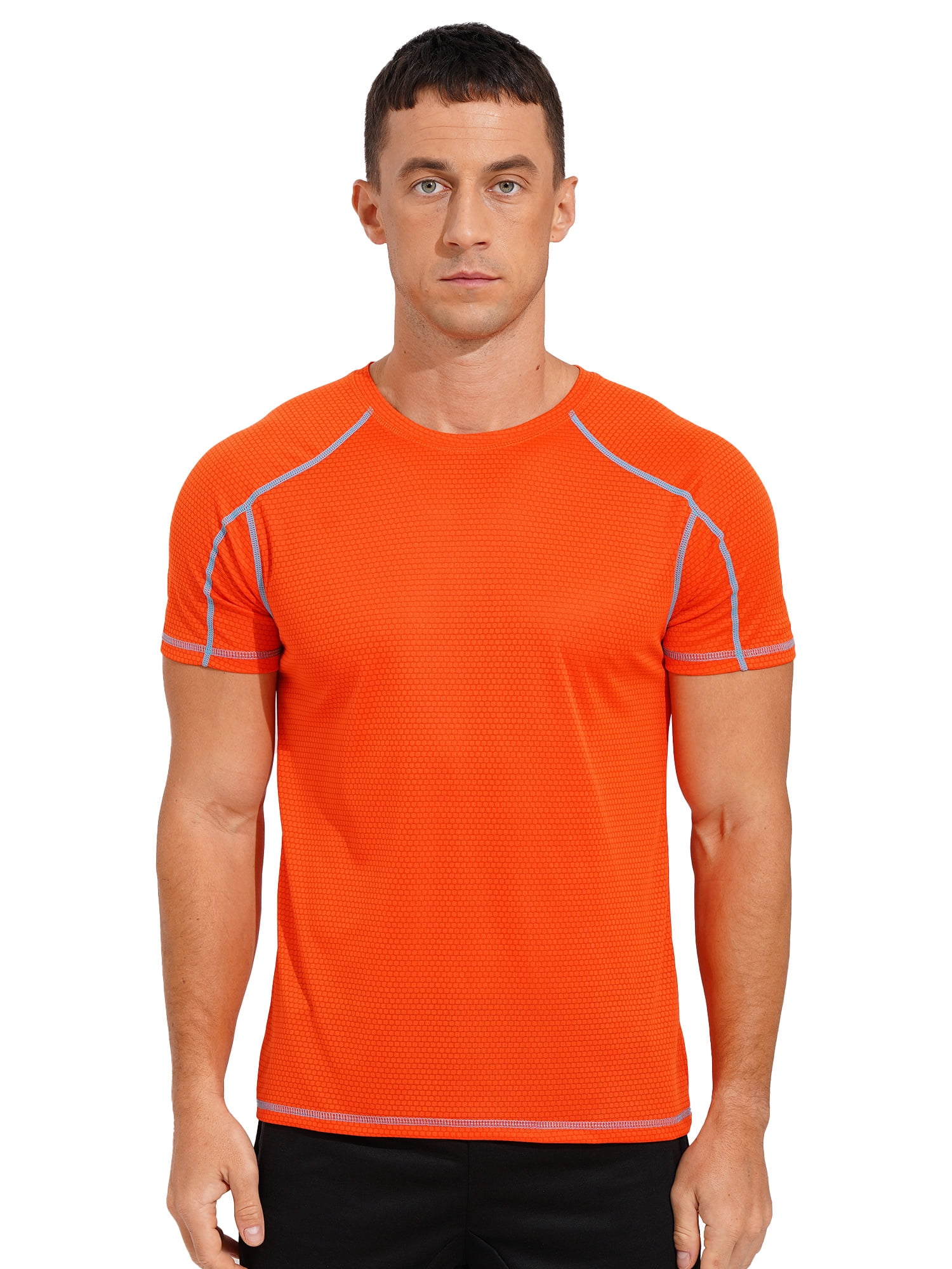 Moggemol Men's Rash Guard Swim Shirts Short Sleeve UPF 50+ Swimming Top Gym Workout Muscle Tee Tops Orange 4XL