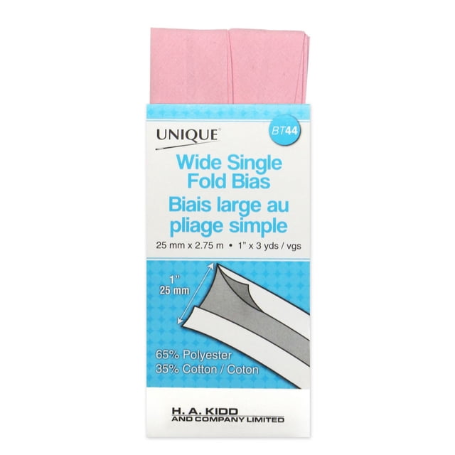 UNIQUE Wide Single-Fold Bias Tape en Rose, 25 mm par 2,75 m, Mélange de 65 % polyester et 35 % Coton, Pré-Plié pour Finir Facilement les Ourlets, les Décolleté et les Courbes Lors de Projets de Couture, Présenté en Emballage Bilingue avec Texte Anglais et Français.