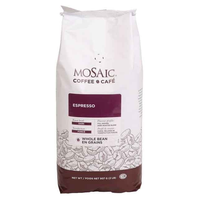 Mosaic Espresso Regular Whole Bean Coffee in a 2LB package, featuring a dark roast blend with a full-bodied flavor profile. The packaging is white with a maroon label displaying 'Espresso' and details about the roast level and flavor. The bottom of the bag is adorned with an illustration of coffee beans. This product is part of an 8-unit case, ideal for grinding fresh before brewing.