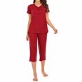 thumbnail image 3 of Ensemble de Sommeil pour Femmes Aguichant en V, Nuisette Unie, Haut à Col et Pantalon, Pyjama en Modal, Rouge, M, 3 of 7