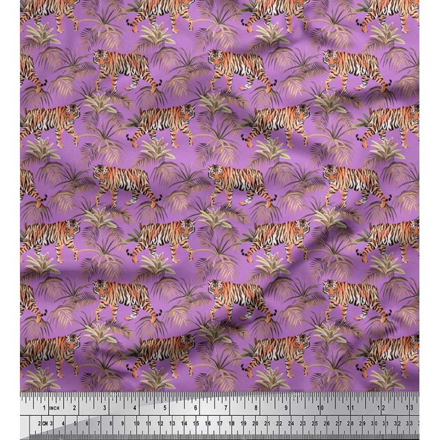 Soimoi Poly Georgette Fabric Leaves & Tiger Jungle Decor Fabric Printed Yard 42 Inch Wide