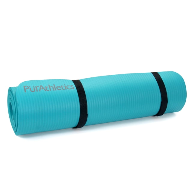 PürAthletics exercise and Pilates mat rolled up in turquoise with ribbed texture and two black stretchable straps, 5/8-inch thick closed-cell foam designed to protect the spine and prevent slipping on various floor types.