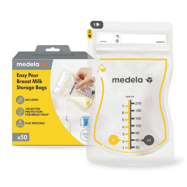 Medela Easy Pour Breast Milk Storage Bags, 50 count, showing a clear, self-standing bag with measurement markings in ounces and milliliters up to 210 ml (7 oz), double zipper seal for leakproof storage, and a yellow pour spout icon, alongside the product box highlighting no leaks, 10x better breast milk protection, and flat freezing design.