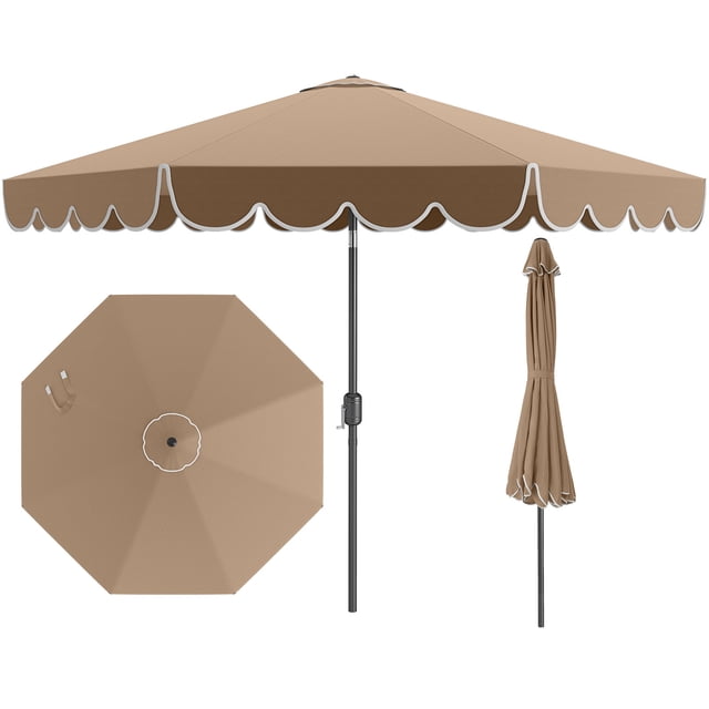 Costway 10 FT Patio Umbrella with Crank Tilt Adjustment Ruffles Vented Top 8 Ribs in brown. The umbrella features a 10 ft diameter canopy with ruffled edges for added elegance and sunshade. It is crafted from durable 180G polyester fabric, offering sun protection, water resistance, and fade resistance. The umbrella includes a push-button tilt function for customizable shade and a crank handle for easy opening and closing. Designed with 8 heavy-duty metal ribs for stability, a vented top for air circulation, and a safety latch to prevent accidental closing. The umbrella can be detached into two sections for compact storage. Suitable for patios, gardens, or poolside areas. Weighted base not included.