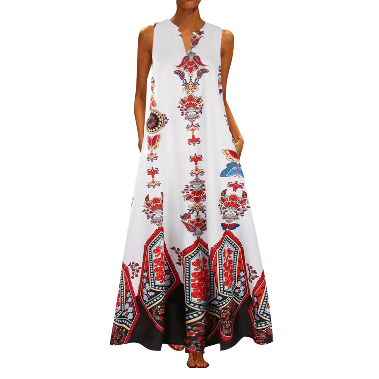 Robe Maxi d'Été Sans Manches à Rayures Imprimées à Col en V Vintage Décontractée pour Femme