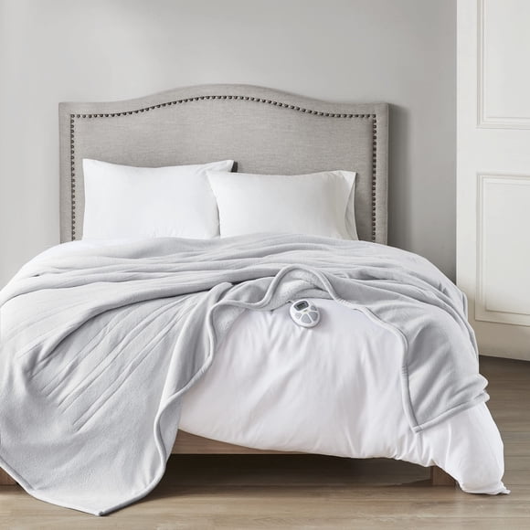Serta Couverture Électrique Réversible en Polaire Sherpa, Ultra Douce, Chauffage Rapide, Minuterie d'Arrêt Automatique, Réglage Multi-Chaleur, Certifiée Etl, Lavable en Machine, Gris Fumée Simple 84"X 62 Pouces