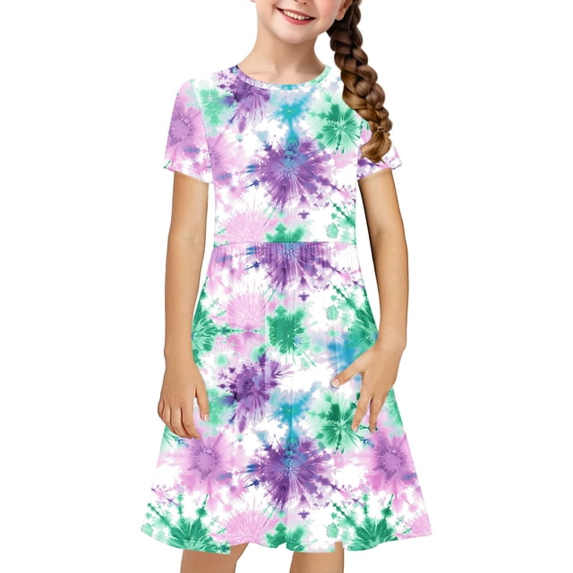 Robe Fille Été Patineuse Robe T-Shirt Teinture sur Nœuds Décontractée à Manches Courtes Robe Fluide pour Enfants 4-14 Ans