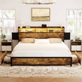 thumbnail image 2 of GUNAITO King Bed Frame with 2 Drawers Headboard Platform Bed Frame with LED Lights Charging Station Rustic Brown, 2 of 9
