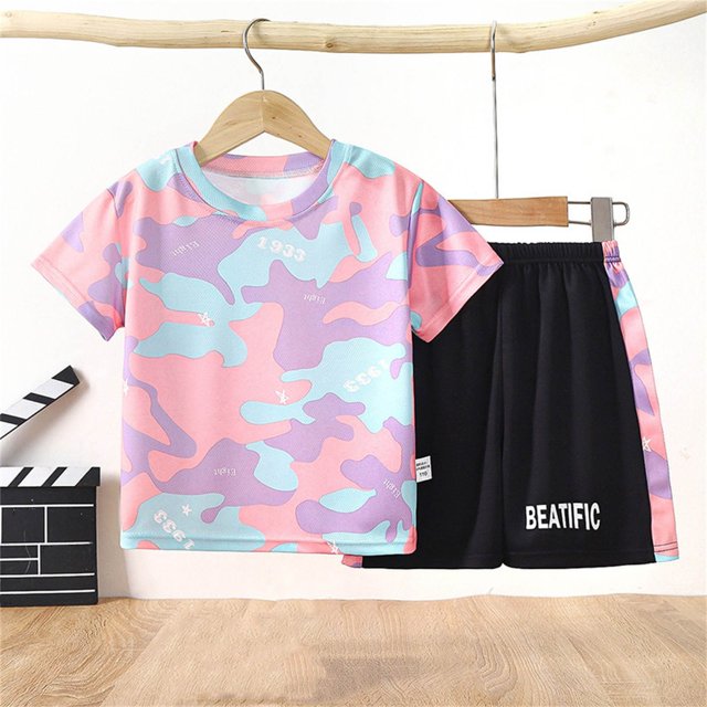 Ensembles de Blouses et Chemises à Manches Courtes Col Rond, Mode Filles Hauts Décontractés à Manches Courtes Col Rond Ensembles de Pantalons Courts Imprimés Boutons