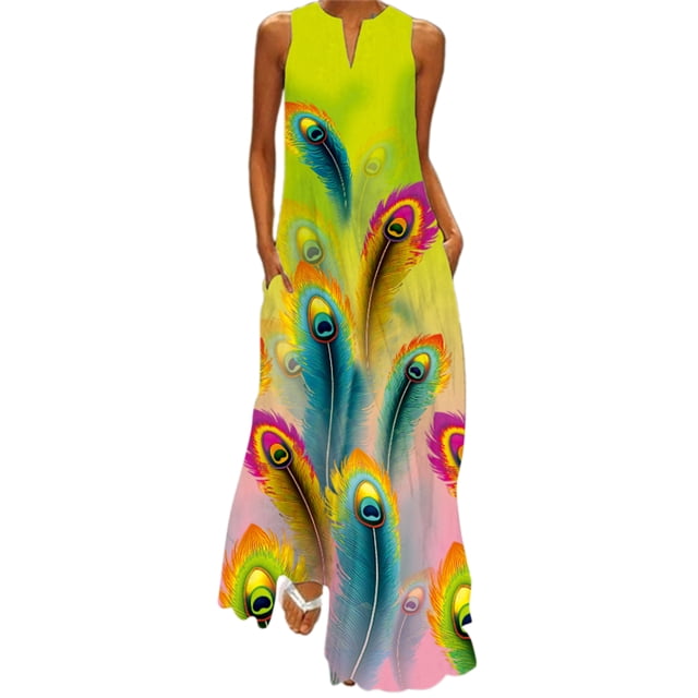 Innerwin Longues Robes Maxi à Imprimé Floral pour Femmes, Robe d'Été de Plage, Vacances, Sans Manches, Robe Débardeur Hawaïenne Style L 4TG