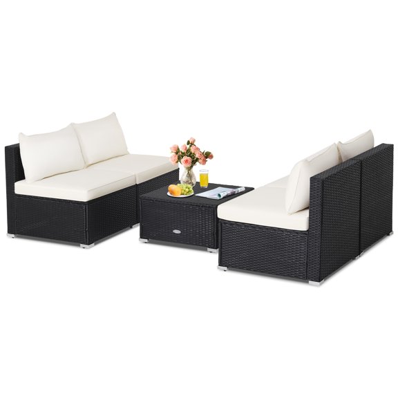 Patiojoy 5 Piece Patio Furniture Set Outdoor Rattan Sofa Set w/ Seat & Back Cushions Convenient Square Coffee Table