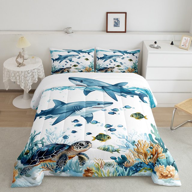Erosebridal Ensembles de Literie Tortue de Mer Dessin Animé Simple avec Couette, Insert de Couette Requin de Mer, Décor Marin Dessin Animé, Réversible 2 Pcs