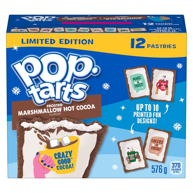 PT HOT COCOA TSTP 576 g Pop-Tarts Boîte en Édition Limitée Contenant 12 Pâtisseries Grille-Pain Saveur Guimauve Givrée au Chocolat Chaud avec jusqu'à 10 Motifs Amusants Imprimés, Pesant au total 576 Grammes et Offrant 370 calories par Portion de 96 Grammes, Convient pour une Collation Sucrée Ou un dessert.