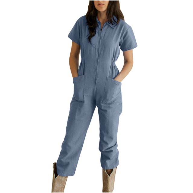 LSLJS Combinaison Pantalon Décontractée Unie pour Femme à Taille Plissée avec Fermeture Éclair et Col à Revers, Gris, avec Manches Courtes, devant à Fermeture à Glissière et design à Taille Plissée. Fabriquée en Tissu polyester Léger, Cette Combinaison Tendance Offre Confort et Respirabilité. Conçue avec des Poches avant et une Coupe Décontractée, Convient aux occasions Décontractées, Quotidiennes et de Printemps Ou d'Été.