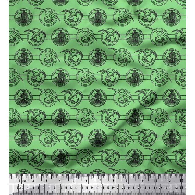 Soimoi Polyester Crepe Fabric Bird,Fish & Ship Ocean Fabric Prints by Yard 52 Inch Wide