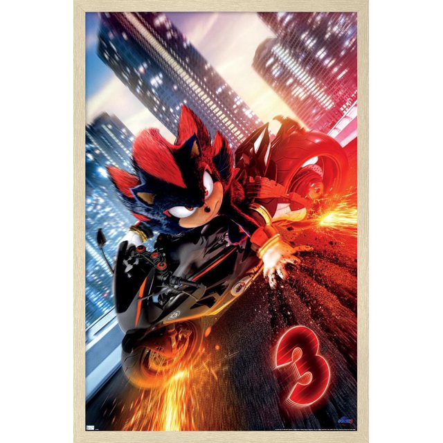 Sonic the Hedgehog 3 - Affiche Murale d'Une Feuille de Moto d'Ombre, 14,725 Pouces x 22,375 Pouces Encadrée, Représentant Shadow le Hérisson Chevauchant une Moto Noire et Rouge, Appuyé Brusquement sur une Rue de la Ville la Nuit avec des Étincelles Volant du Pneu Arrière et un Numéro 3 Rouge Lumineux sur l'Asphalte, contre des Gratte-Ciel Illuminés. Idéal pour Ajouter une art Mural Dynamique aux Chambres, Bureaux Ou Résidences Étudiantes