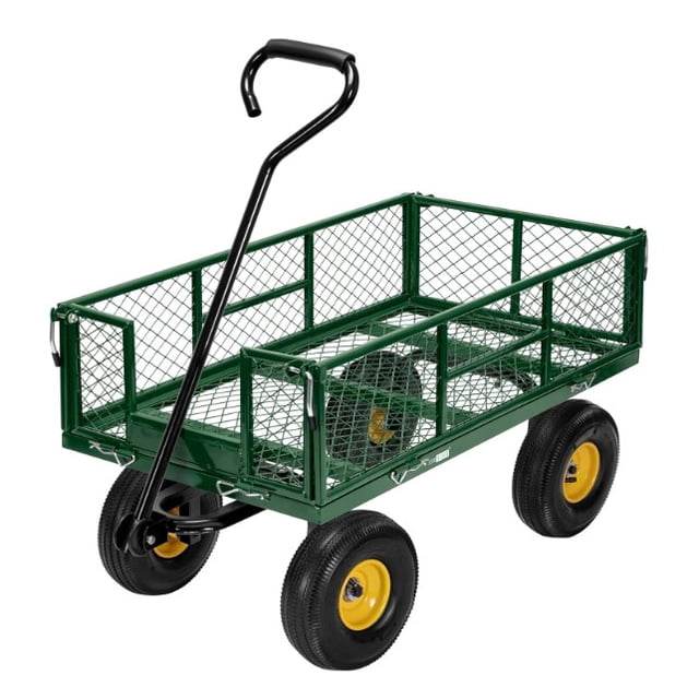 Utility Garden Cart Wagon for Lawn with a heavy-duty green steel frame and removable side panels. Features a long black handle for easy maneuvering and four 10-inch rubber tires with yellow hubs for stability on various terrains. Convertible to a flatbed for carrying heavier items, with a 400 lb weight capacity. Ideal for gardening, home improvement, and transporting tools or materials.
