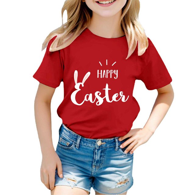 MIASHUI T-Shirt à Manches Courtes pour Filles Joyeuses Pâques T-Shirt Garçons Tee Confortable, Rouge, 6-7 Ans