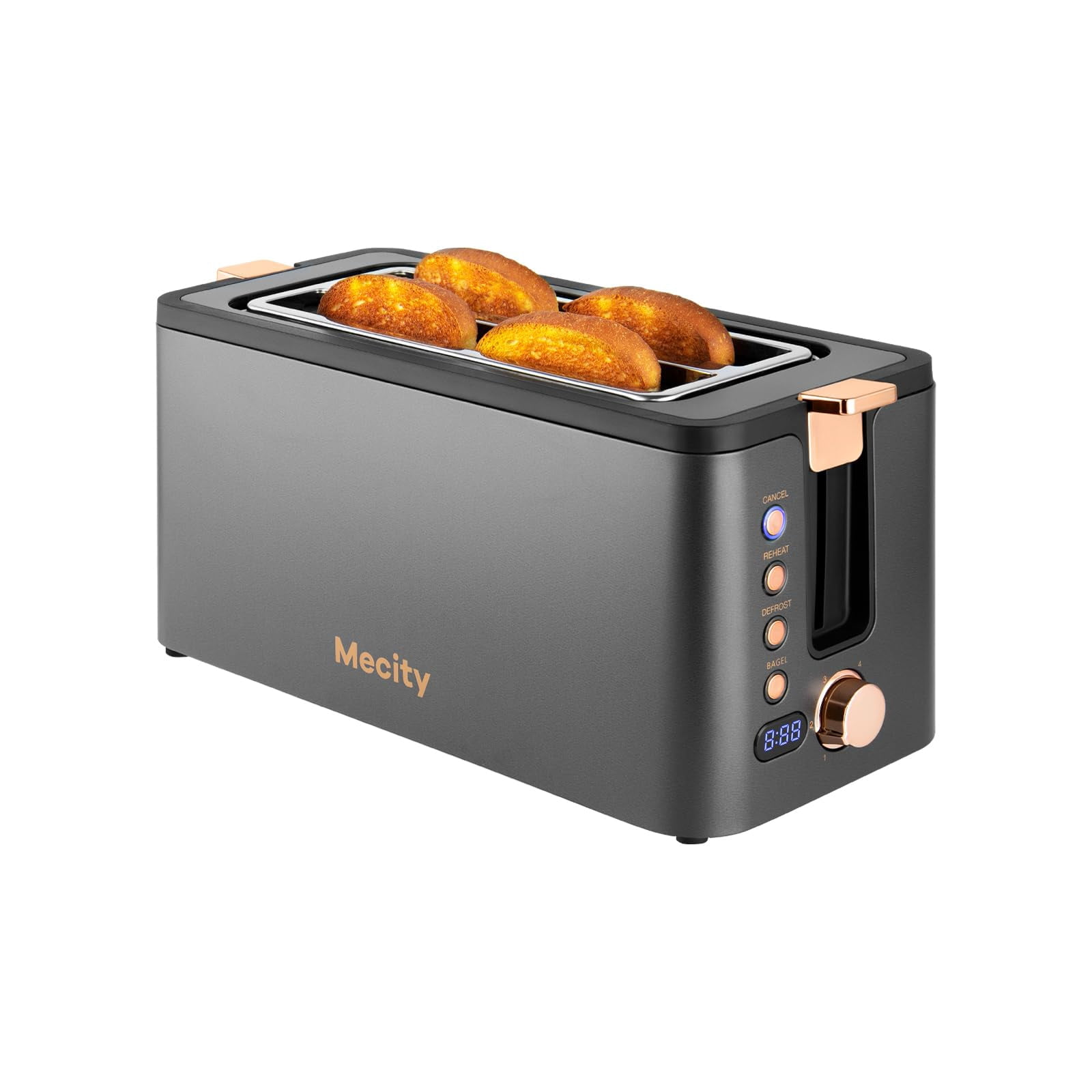 Mecity 4 Slice Toaster, Long Slot Toaster With Warming Rack, Timer, Bagel, Defrost, Reheat Functions, Crumb Tray, 6 Browning Settings, Extra Wide Lon