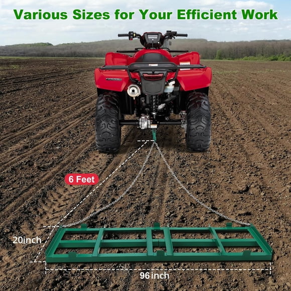 TROPOW Herse de Traction pour Allée Niveleuse 8 Pi, Traction d'Allée pour Gravier avec Chaîne Robuste 6 Pi, Râteau de Remorquage derrière Pelouse pour VTT, UTV, Tracteur, Tondeuse, Râteau Motorisé pour Gravier, Sable, Terre, Foin, Vert