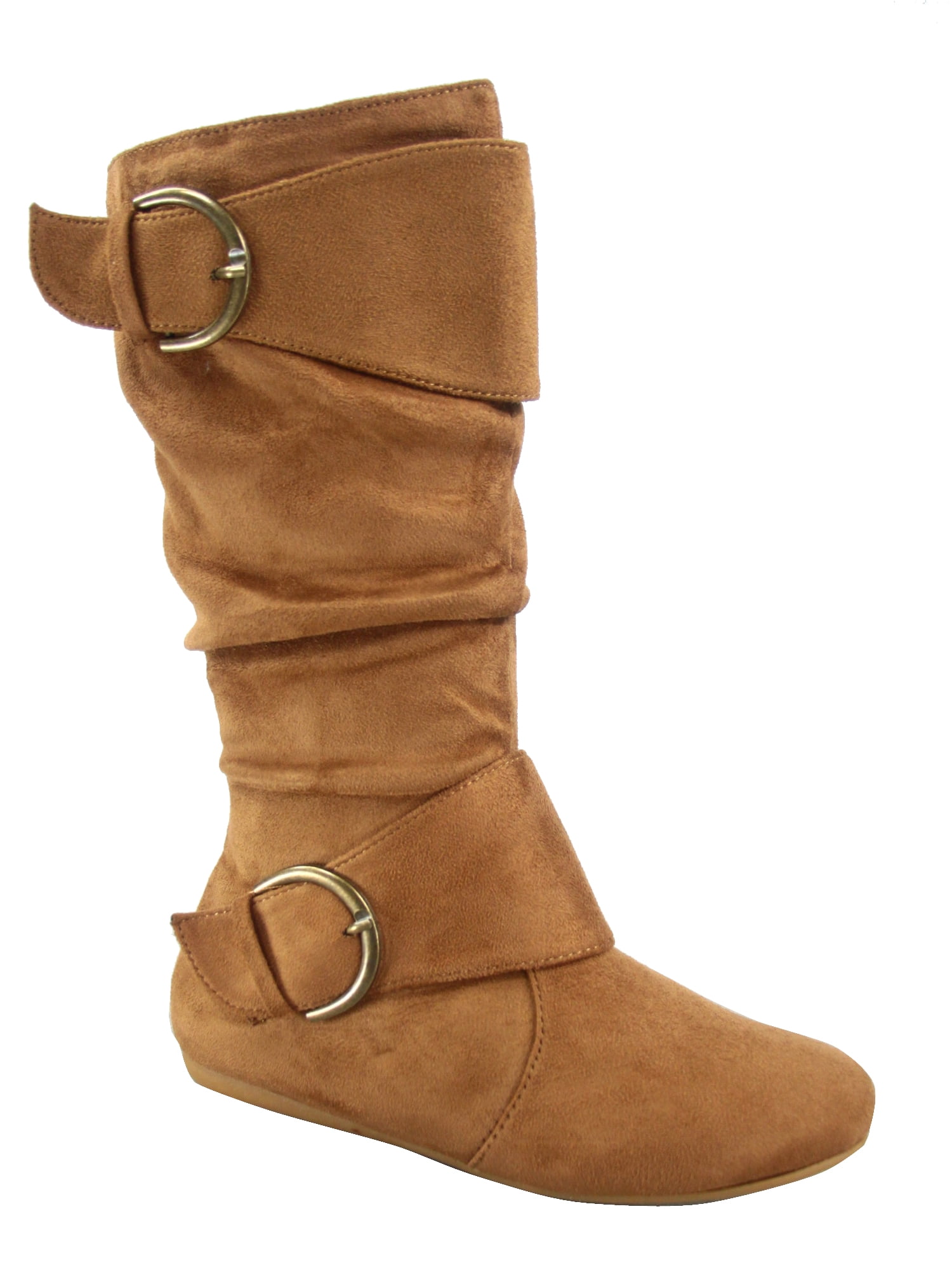Bottes Mi-Mollet à Bout Rond pour Femmes Zone 70, Confort, Fermeture Éclair, Boucle, Style Plissé Décontracté, Talon Plat ( Tan, 8.5)