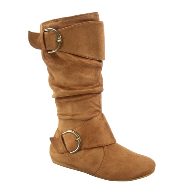 Bottes Mi-Mollet à Bout Rond pour Femmes Zone 70, Confort, Fermeture Éclair, Boucle, Style Plissé Décontracté, Talon Plat ( Tan, 8.5)