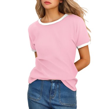 T-shirt à Col Rond Uni pour Femme à Manches Courtes avec Garniture Contrastante T-Shirts T-Shirt Uni à Manches Longues Femme en Paquet Haut Raglan pour Femme Shorts Actifs pour Femme T-Shirt pour Femme Tuniques Moyennes pour Femme