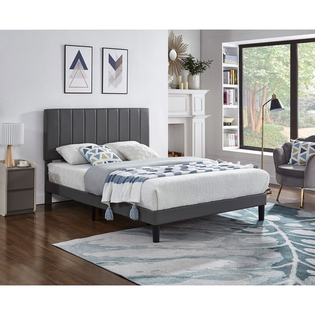 Lit en Similicuir Gris avec Tête de Lit Réglable avec Capitonnage Vertical - Grand Lit