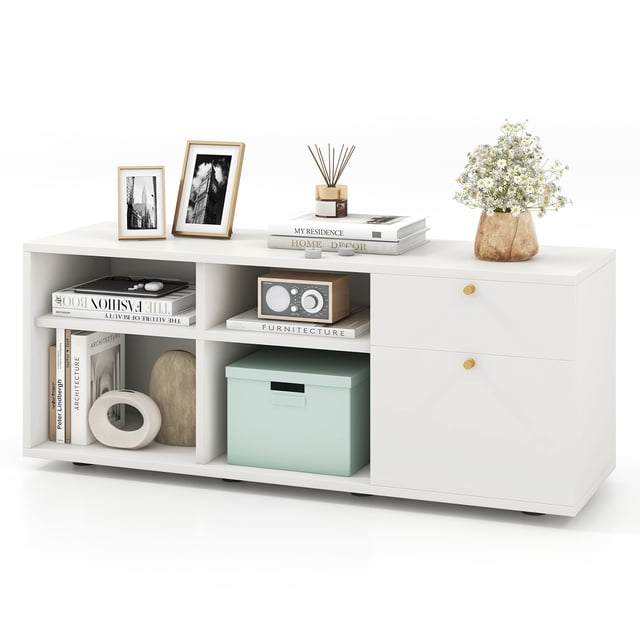 Costway Armoire de Rangement avec 2 Tiroirs et 4 Cubes en Fini Blanc, Conçue comme une Armoire d'Entrée avec un Comptoir Spacieux de 42,5 Pouces pour Exposer des Articles Décoratifs. Comprend Deux Tiroirs avec Poignées en Métal et Glissières Silencieuses, et Quatre Cubes Ouverts Tenant des Livres, une Boîte de Rangement et un Décor. Pieds Ajustables Assurent la Stabilité sur les Planchers Irréguliers.