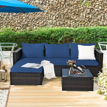 Costway 5PCS Patio Rattan Furniture Set Sectional Conversation Sofa w/ Coffee Table Navy
