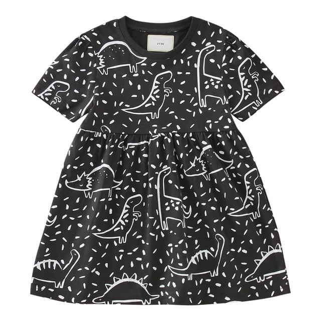 Liyamei Robe d'Été de Plage à Manches Courtes pour Filles, Imprimés de Dinosaures, Robe de Princesse, 3-4 Ans