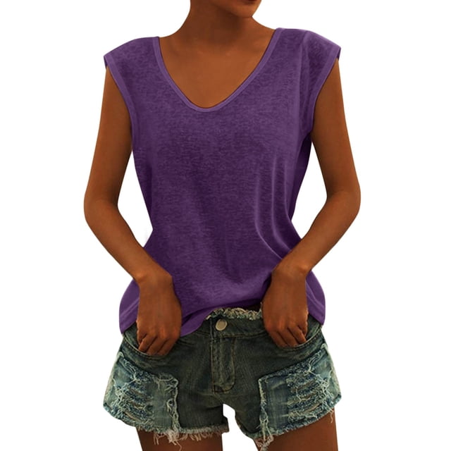 MIASHUI Débardeurs Décontractés pour Femmes Tendance à Col en V Sans Manches Coupe Ample, Violet, TTG
