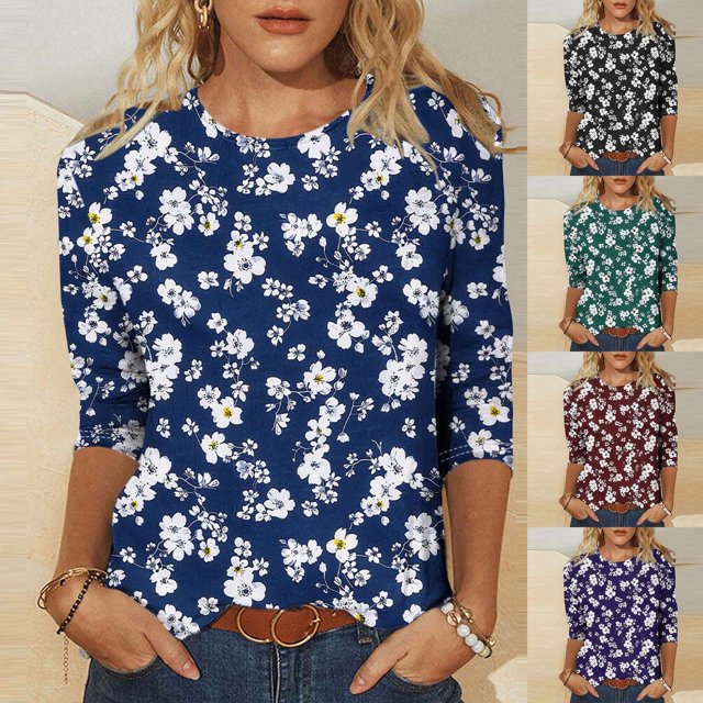 PEONAVET T-Shirts pour Femmes à Manches 3/5159, T-Shirts Mode pour Femmes Décontractés à Col Rond, T-Shirt Ample à Manches 3/4, Chemisiers et Chemises pour Dames