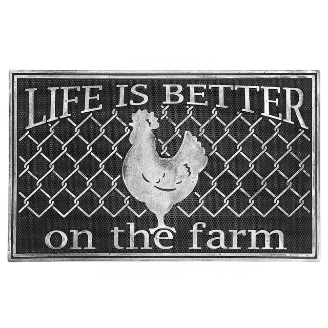 Rectangular rubber mat featuring a chicken silhouette and the text 'Life is better on the farm' over a chain-link fence pattern.