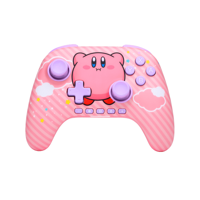 PowerA Advantage Wireless Controller for Nintendo Switch 2 - Kirby Puff with pink diagonal stripes, a central Kirby character, lavender Hall Effect thumbsticks and buttons including directional pad and A, B, X, Y keys, decorated with clouds and stars, designed for ergonomic wireless gaming with up to 30 hours battery life.
