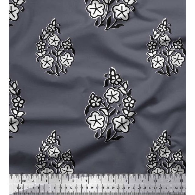 Soimoi Moss Georgette Fabric Leaves & Floral Block Printed Fabric 1 Yard 42 Inch Wide